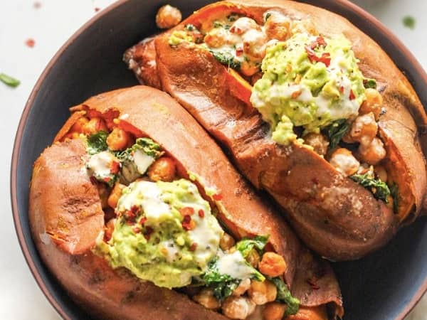 Baked sweet potato, avocado and cheese